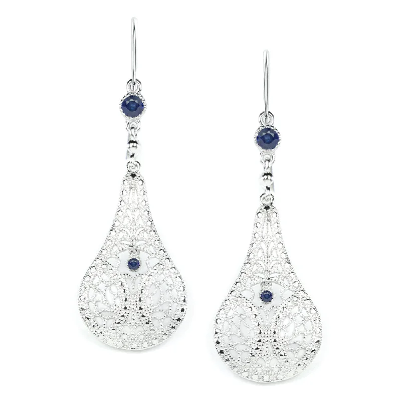 women’s ruby rings -BLUE SAPPHIRE FILIGREE EARRINGS STERLING SILVER DANGLE TEARDROP VINTAGE STYLE