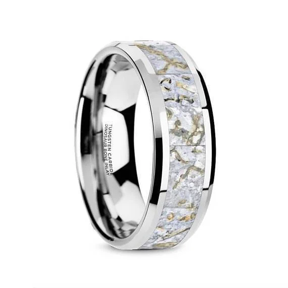 women’s twisted rings -Tungsten Wedding Ring White Dinosaur Bone Inlay Beveled Polished Finish - 4mm & 8mm