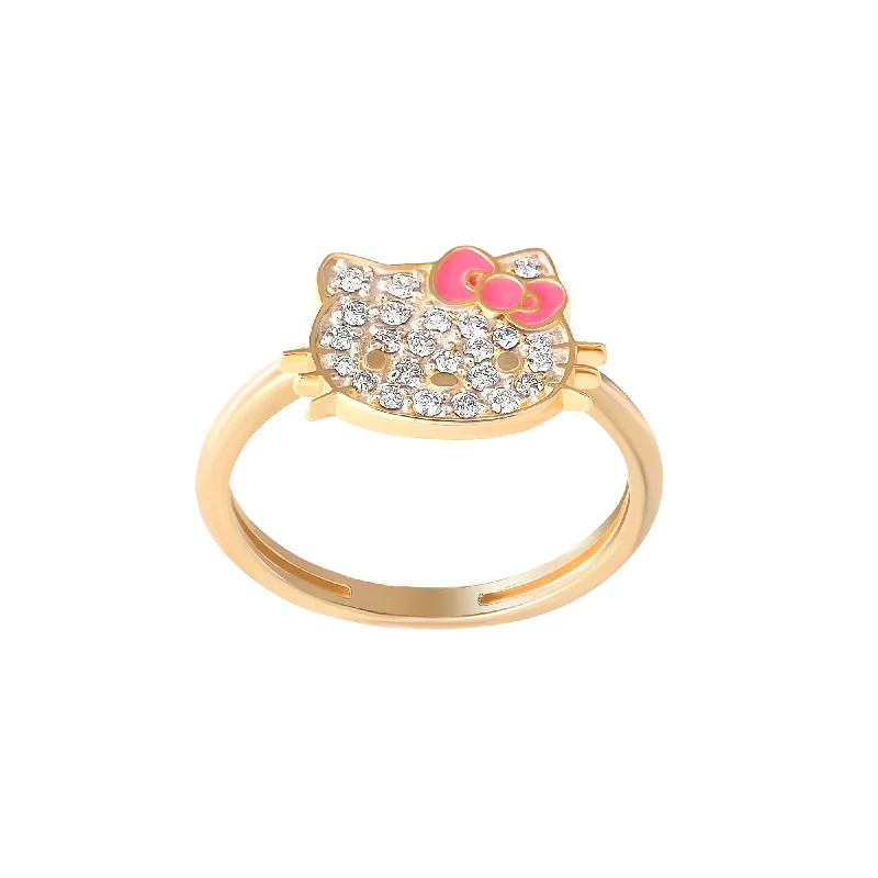 women’s promise engagement rings -Hello Kitty 14K Yellow Gold Pavé Diamond Ring With Enamel Bow (Size 7 Only)