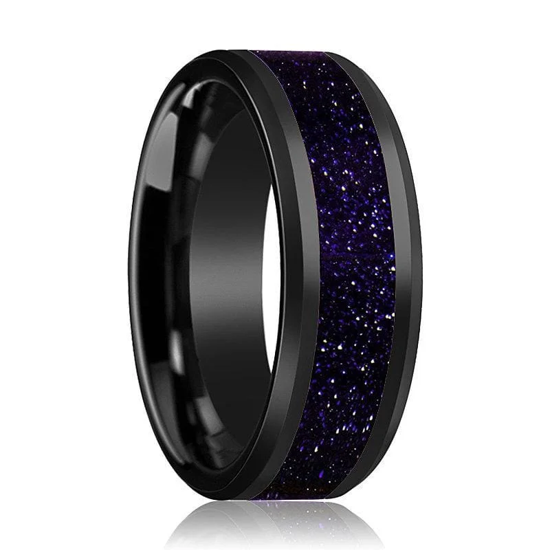 women’s black diamond rings -Ceramic Black Wedding Ring Purple Goldstone Inlay Beveled Polished Finish - 8mm