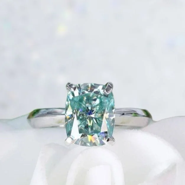 women’s classic solitaire engagement rings -Rare Blue Green Cushion Cut Diamond Ring