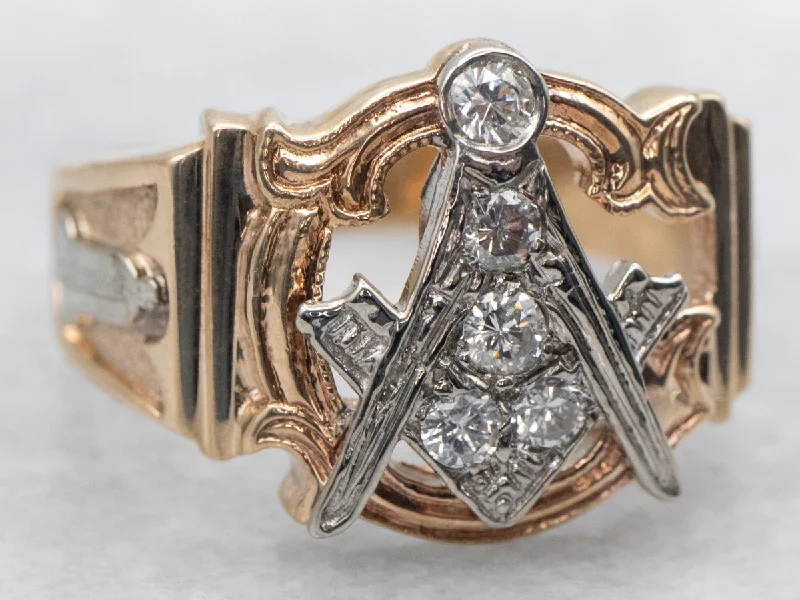 women’s vintage diamond engagement rings -Vintage Two Tone Gold Men's Masonic Diamond Ring