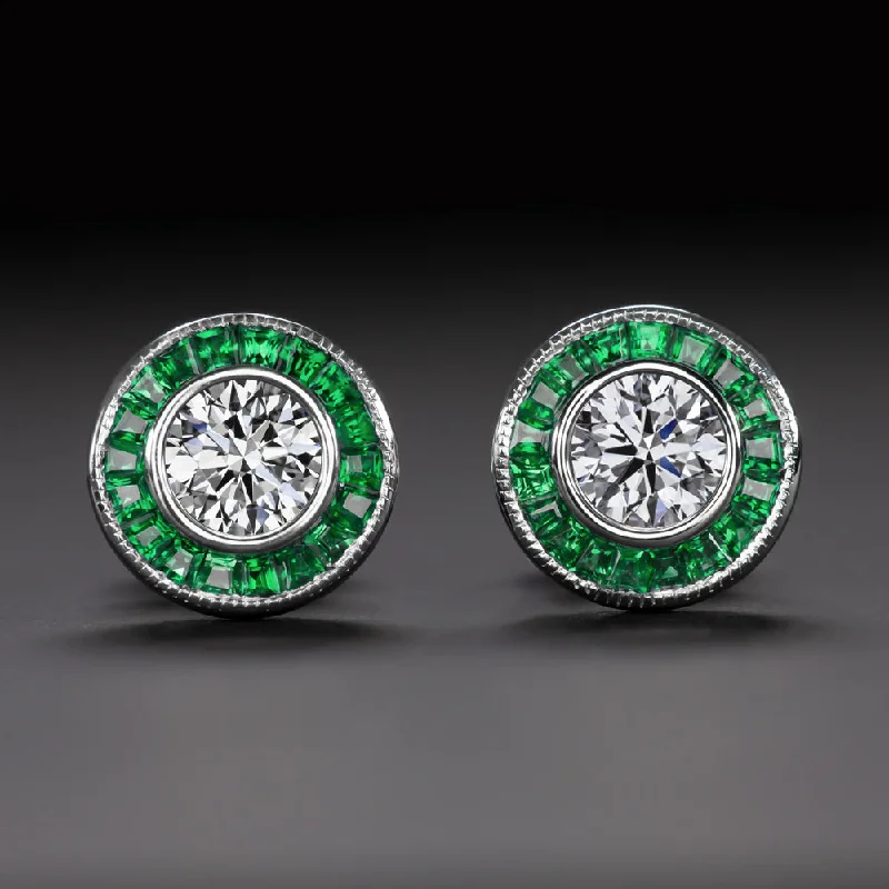 women’s luxury rings with diamonds -LAB GROWN DIAMOND EMERALD STUD EARRINGS ART DECO VINTAGE STYLE CALIBRE HALO