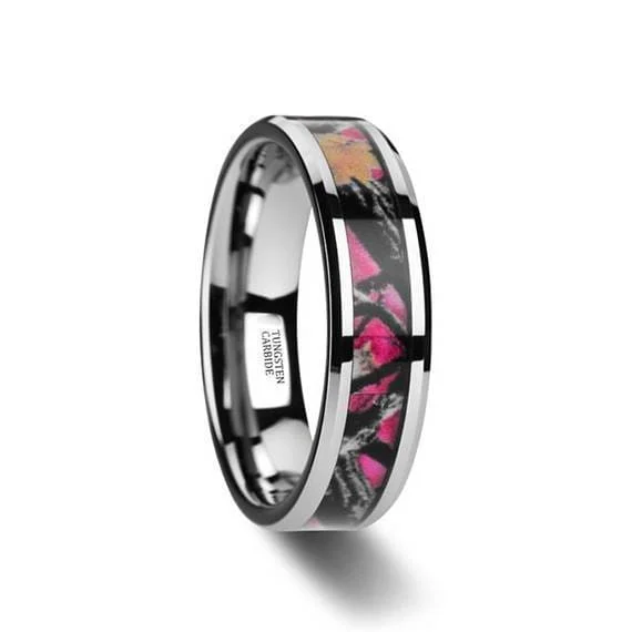 women’s luxury rings with diamonds -Real Pink Oak Leaves Camo Tungsten Wedding Ring Beveled Edges 6mm & 8mm