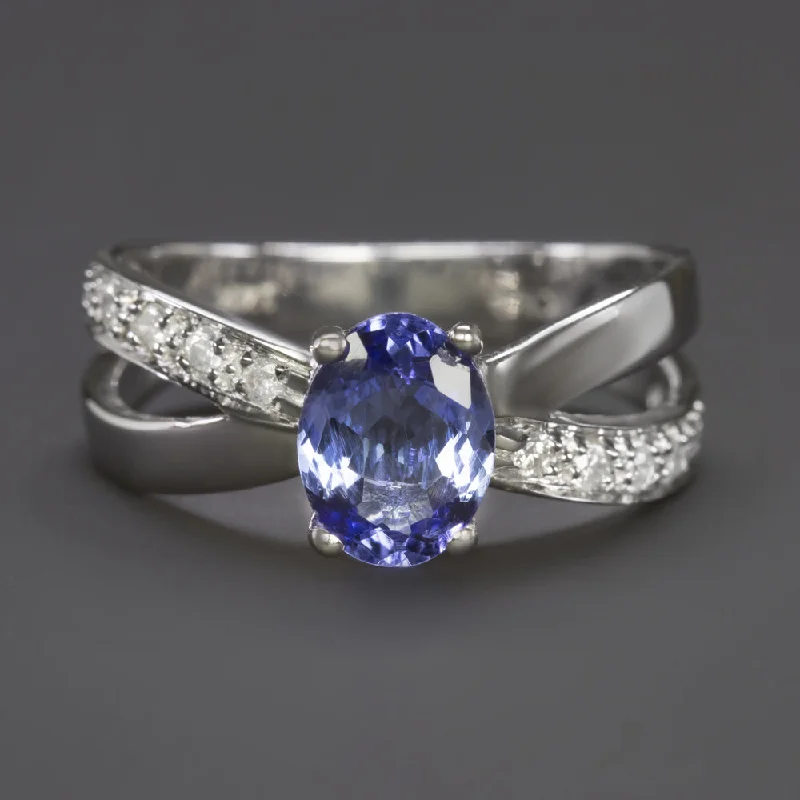 women’s chunky rings -1 CARAT TANZANITE DIAMOND COCKTAIL RING 14k WHTIE GOLD CRISS CROSS SPLIT SHANK