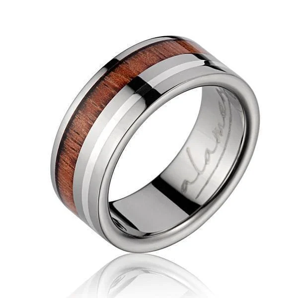 women’s ruby engagement rings -Mens Genuine Titanium Wedding Band Hawaiian Koa Wood Sterling Silver Border - 8mm