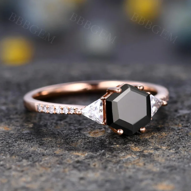 fashion rings for women -Hexagon Black Onyx Wedding Ring With Trillion Moissanite Side Stones