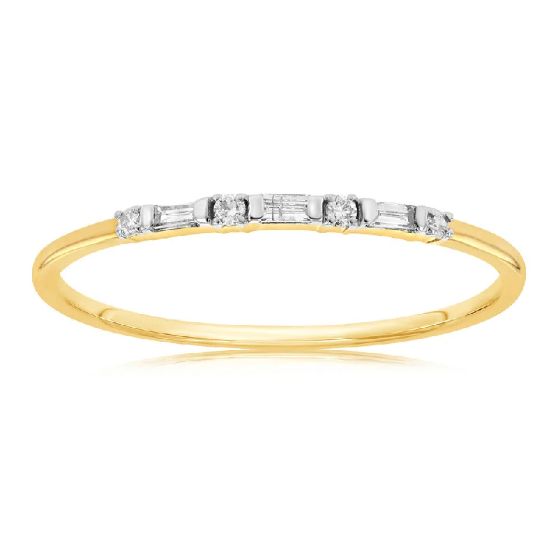 women’s classic gold engagement rings -9ct Yellow Gold 0.10 Carat Diamond Eternity Ring with 4Brilliant & 3Baguette Diamonds