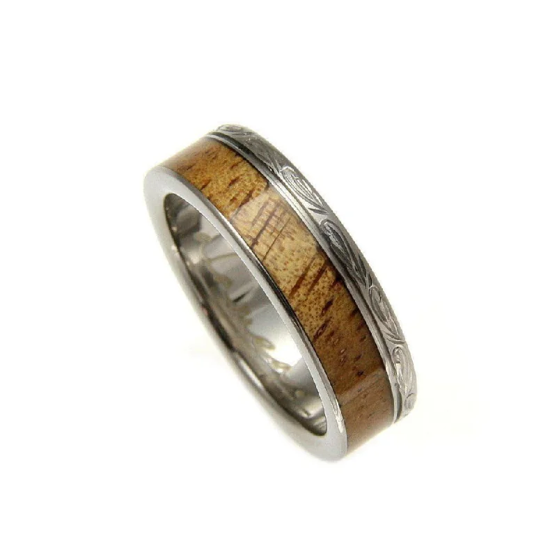 women’s statement diamond rings -Radley Titanium Scroll Wedding Band Genuine Inlay Hawaiian Koa Wood Ring - 6mm