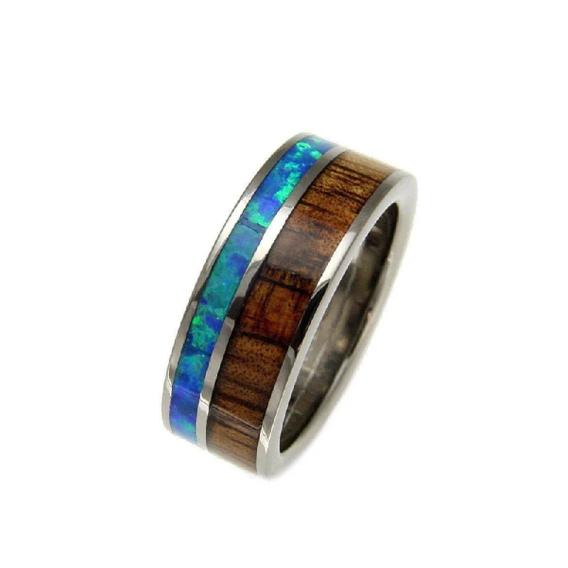 women’s trendy gemstone rings -Mens Titanium Wedding Band Genuine Inlay Hawaiian Koa Wood Opal Ring - 8mm