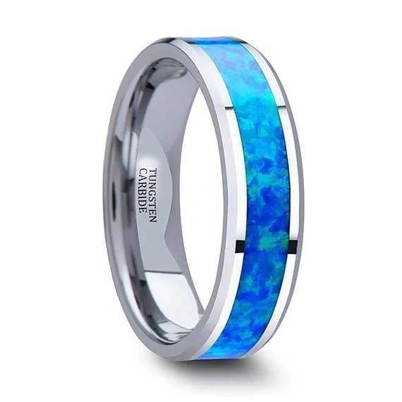 women’s birthstone gemstone rings -Tungsten Wedding Ring With Blue Green Opal Inlay & Polished Finish 4mm-10mm