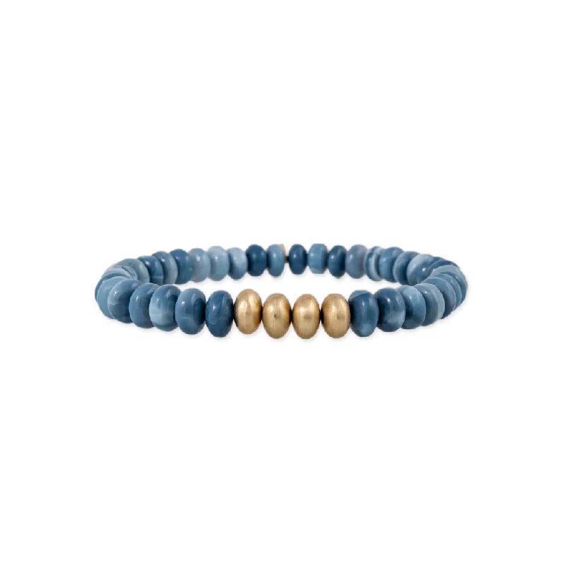 gold bangles for women -4 SATIN GOLD BEADS + BLUE OPAL BEADED STRETCH BRACELET