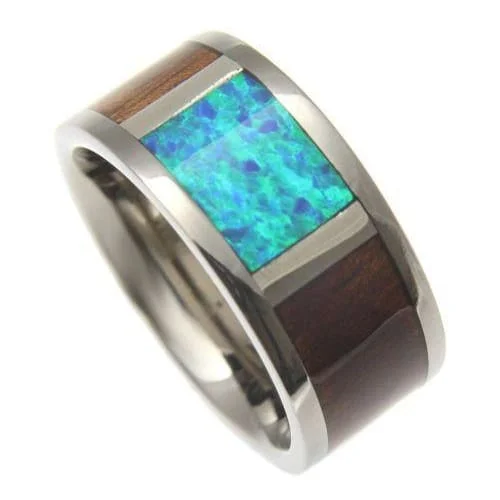 women’s contemporary rings -Mens Titanium Band Genuine Hawaiian Koa Wood Inlay Opal Comfort Fit Ring - 10mm