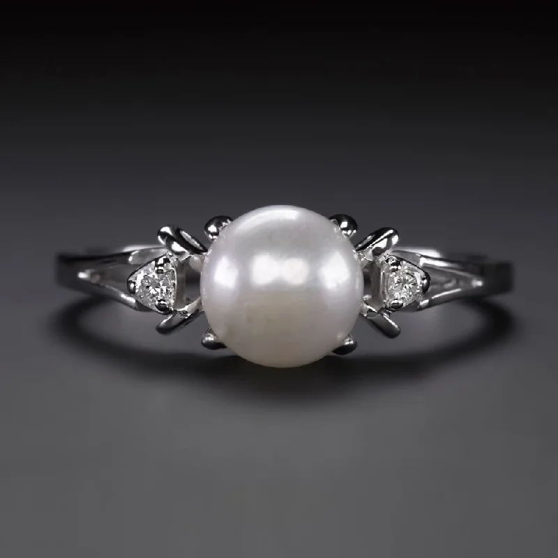 women’s custom birthstone rings -PEARL DIAMOND COCKTAIL RING NATURAL ESTATE SPLIT SHANK 14k WHITE GOLD JEWELRY