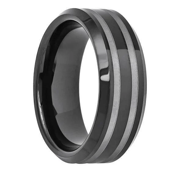 diamond rings for women -Black Tungsten Wedding Ring High Polish Double Line Groove & Beveled Edges - 8mm