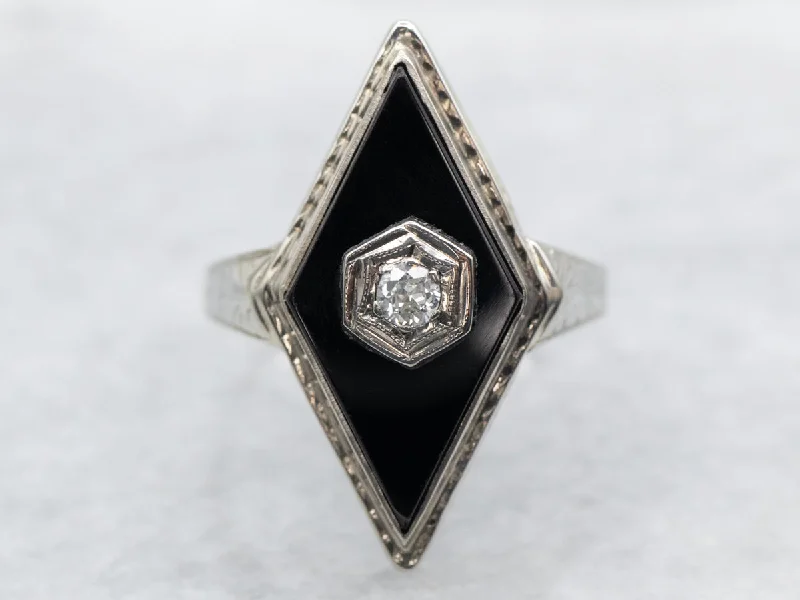 women’s eco-friendly engagement rings -Mid-Century Ladies Onyx and Old Mine Cut Diamond Ring