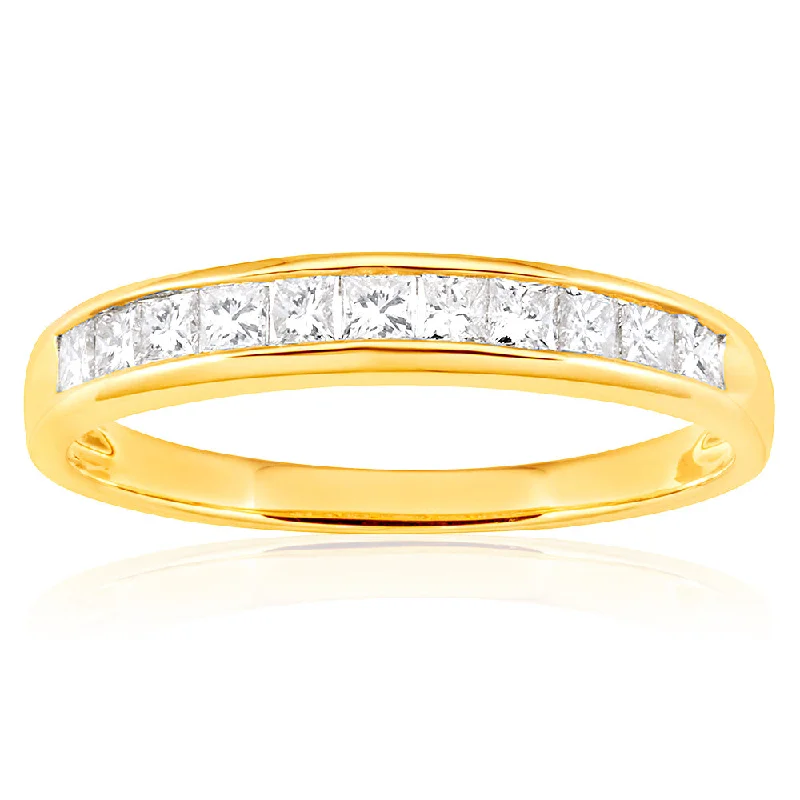 women’s delicate engagement rings -9ct Yellow Gold Diamond Ring Set With 11 Princess Cut Diamonds