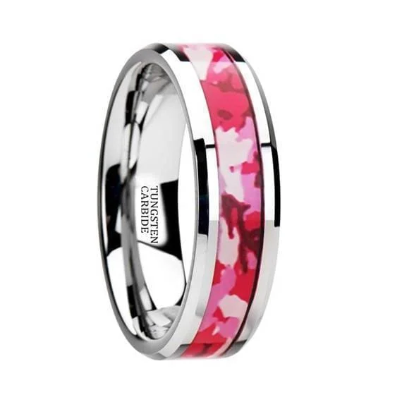 women’s trendy gemstone rings -Pink and White Camouflage Tungsten Wedding Ring Beveled Polished Finish - 6mm & 8mm