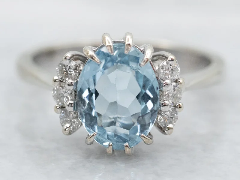 women’s custom engraved engagement rings -White Gold Aquamarine and Diamond Ring