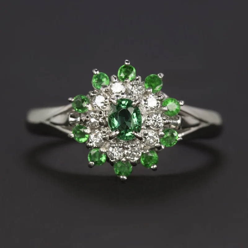 silver eternity bands for women -EMERALD DIAMOND COCKTAIL RING PLATINUM BALLERINA CLUSTER NATURAL HALO 0.52ct