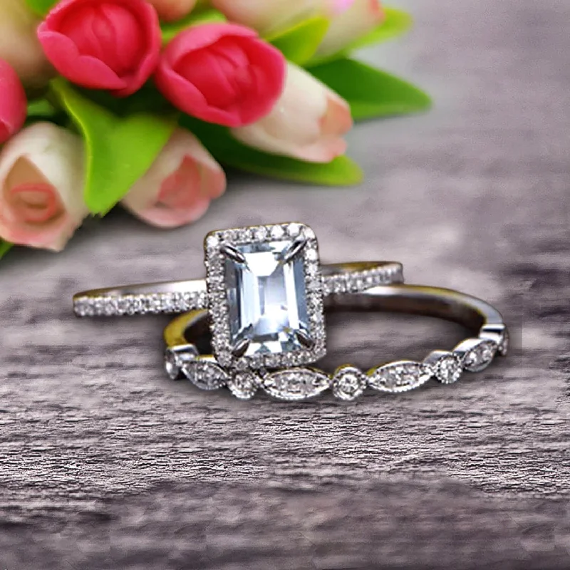 women’s luxurious engagement rings -1.75 Carat Classic Emerald Cut 10k White Gold Bridal Aquamarine Wedding Moissanite Diamond Ring Set Art Deco Milgrain