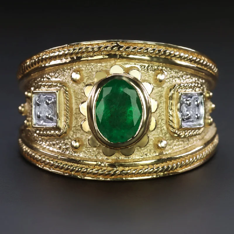 women’s gemstone rings -EMERALD DIAMOND WIDE BAND RING 14k YELLOW GOLD 7.7gm NATURAL OVAL MENS COCKTAIL