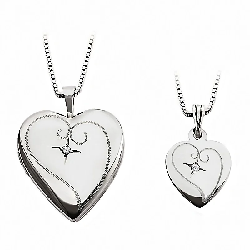 women’s elegant necklaces -Heart Swirl Just Like Mommy Diamond 925 Silver Locket and Pendant Necklace Set