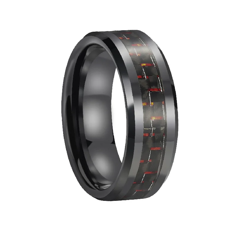 women’s vintage rose gold engagement rings -Mens Ceramic Wedding Rings with Red & Black Carbon Fiber