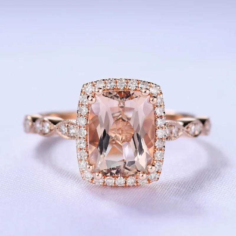 women’s promise rings -2 Carat Cushion Cut Natural Morganite Wedding Ring Diamond Halo Ring Pink Gold Diamond Wedding Band