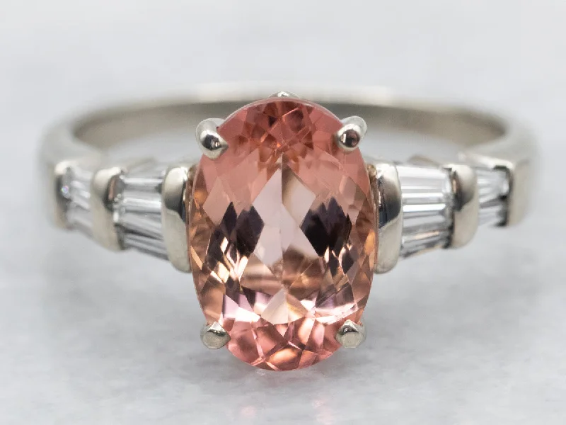 women’s princess cut engagement rings -White Gold Peach-Pink Tourmaline Diamond Ring