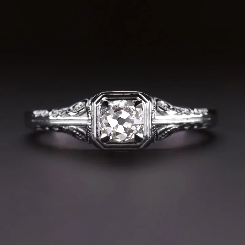 women’s custom engraved rings -OLD MINE CUT DIAMOND SOLITAIRE RING VINTAGE STYLE FILIGREE 14k WHITE GOLD 1/2ct