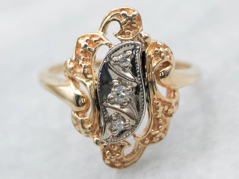 women’s platinum three-stone engagement rings -Yellow and White Gold Diamond Ring with Ornate Frame