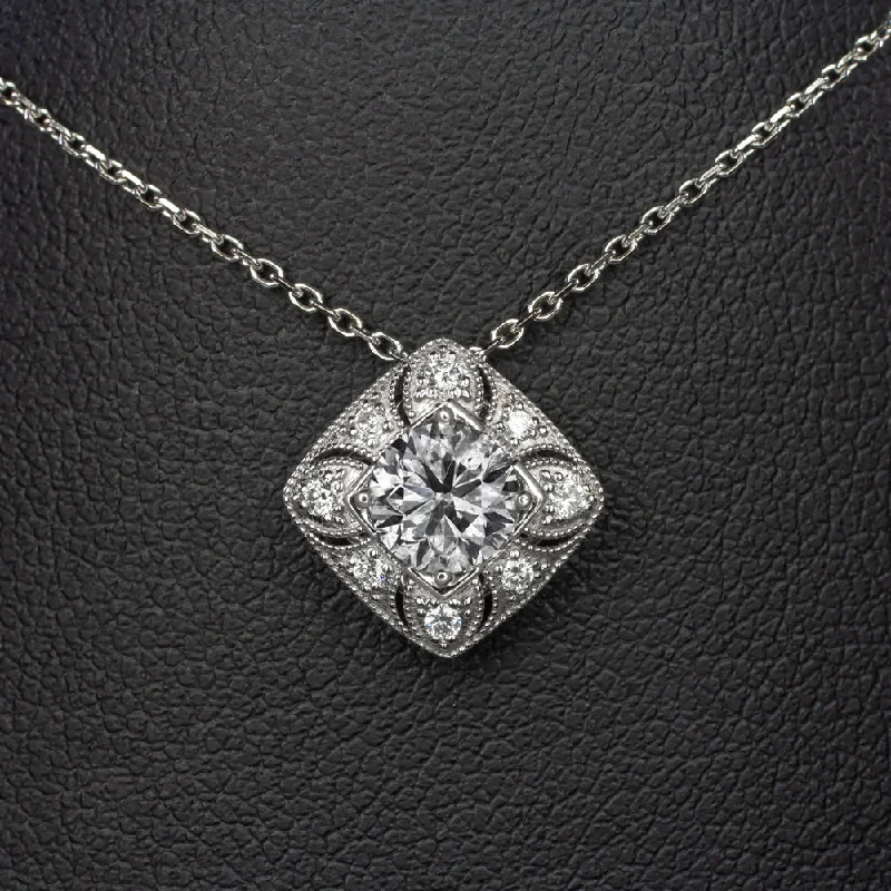 women’s silver promise rings -VINTAGE STYLE DIAMOND PENDANT NECKLACE 3/4ct 14K WHITE GOLD NATURAL ROUND CUT