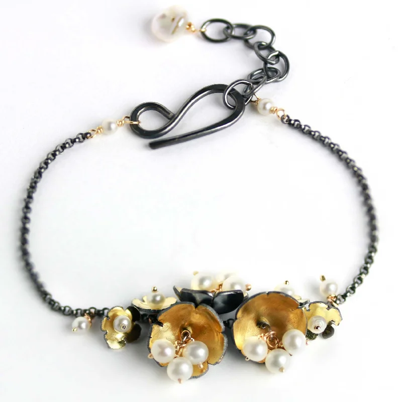 silver bangles for women -Midnight Golden Daisies with Pearl Clusters Bracelet