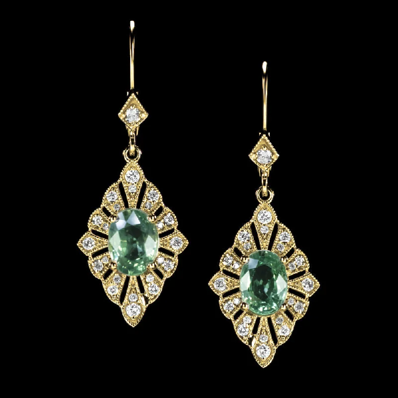 women’s stacked gemstone rings -VINTAGE STYLE GREEN SAPPHIRE DIAMOND DANGLE EARRINGS 14k YELLOW GOLD ART DECO