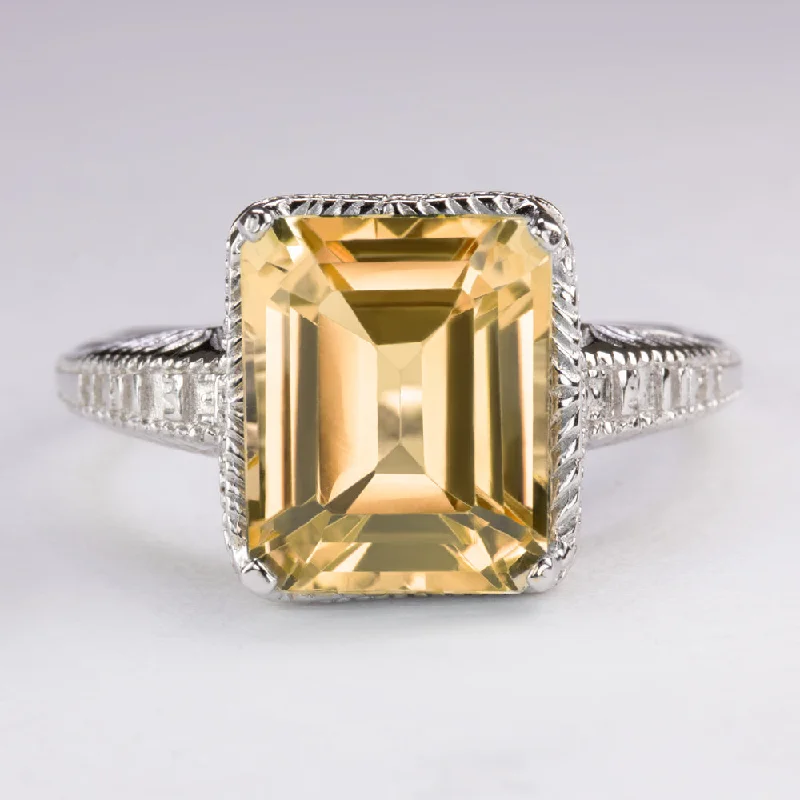 women’s adjustable rings -CITRINE VINTAGE STYLE RING STERLING SILVER ART DECO EMERALD CUT ENGRAVED YELLOW