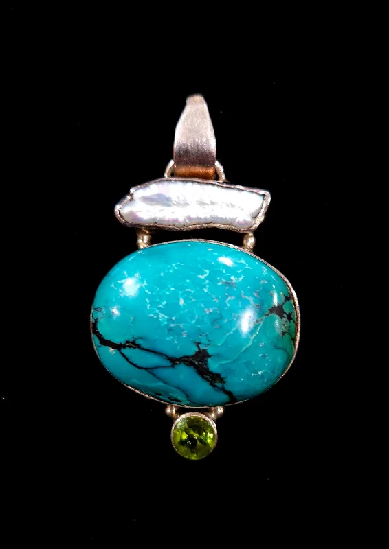 women’s adjustable necklaces -Stirling Silver Turquoise Biwa Pearl And Peridot Pendant