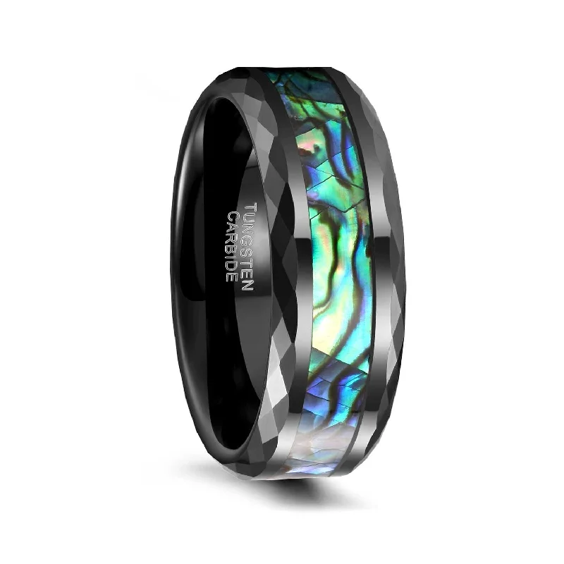 women’s gemstone engagement rings -Multi-color Rainbow Abalone Shell Tungsten Wedding Rings Faceted Edge