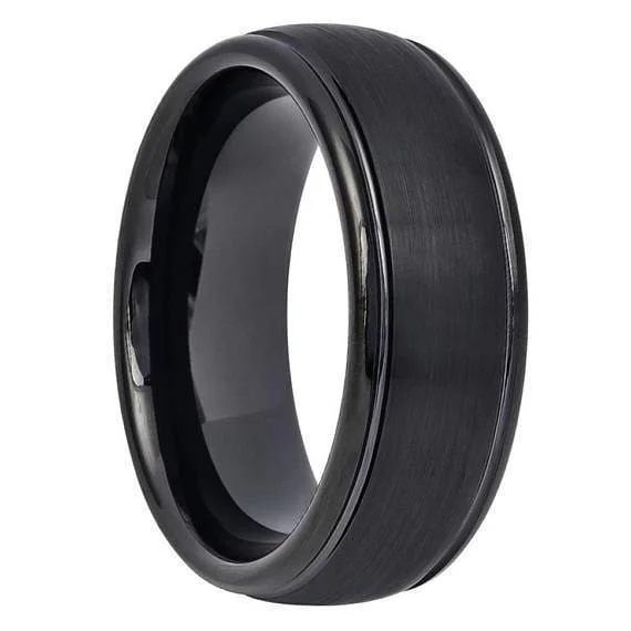 gold rings for women -Men's Black Tungsten Wedding Ring Brushed Center High Polished Stepped Edges - 8mm