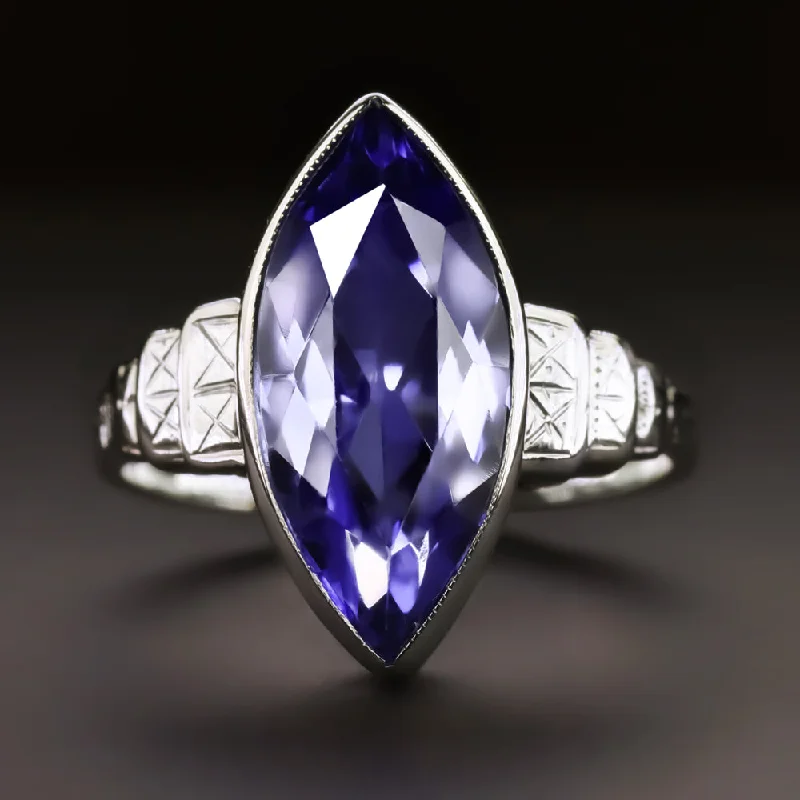 women’s cocktail rings -VINTAGE SAPPHIRE SOLITAIRE RING MARQUISE SHAPE 14k WHITE GOLD BEZEL ART DECO