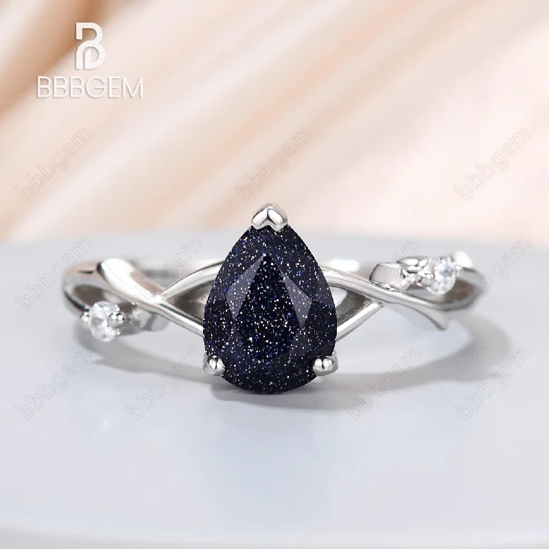 women’s cocktail rings -1.25ct Pear Cut Galaxy Blue Sandstone Wedding Ring In Pink Gold Twist Diamond Wedding Band