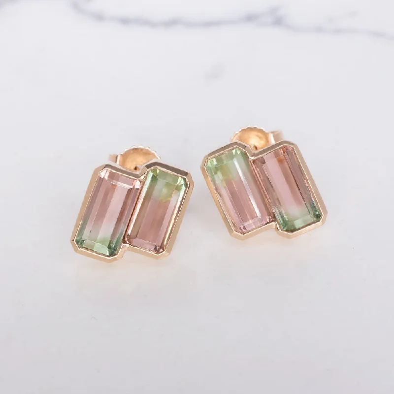 women’s personalized rings -NATURAL WATERMELON TOURMALINE STUD EARRINGS 14k ROSE GOLD MINIMALIST BEZEL SET