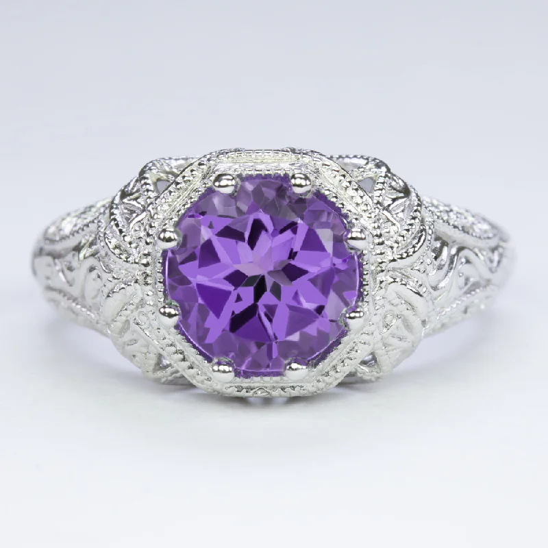 women’s diamond cocktail rings -AMETHYST VINTAGE STYLE COCKTAIL RING STERLING SILVER FILIGREE ART DECO PURPLE