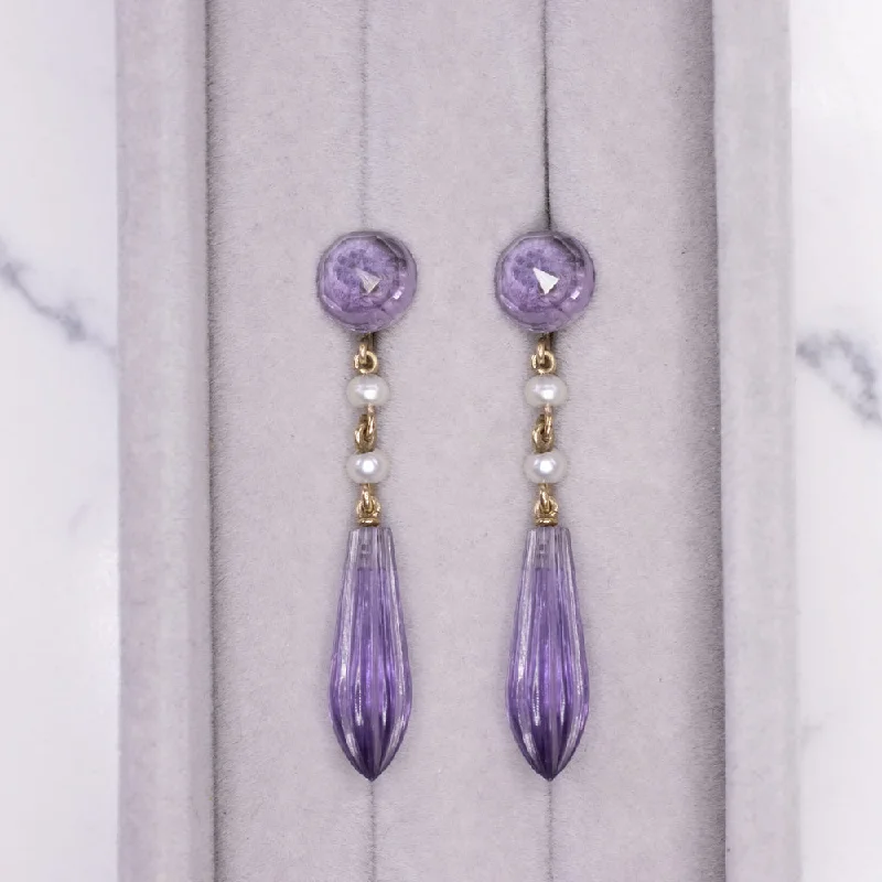 women’s emerald rings -VINTAGE AMETHYST PEARL EARRINGS 14k YELLOW GOLD PURPLE CARVED LONG DROP DANGLE