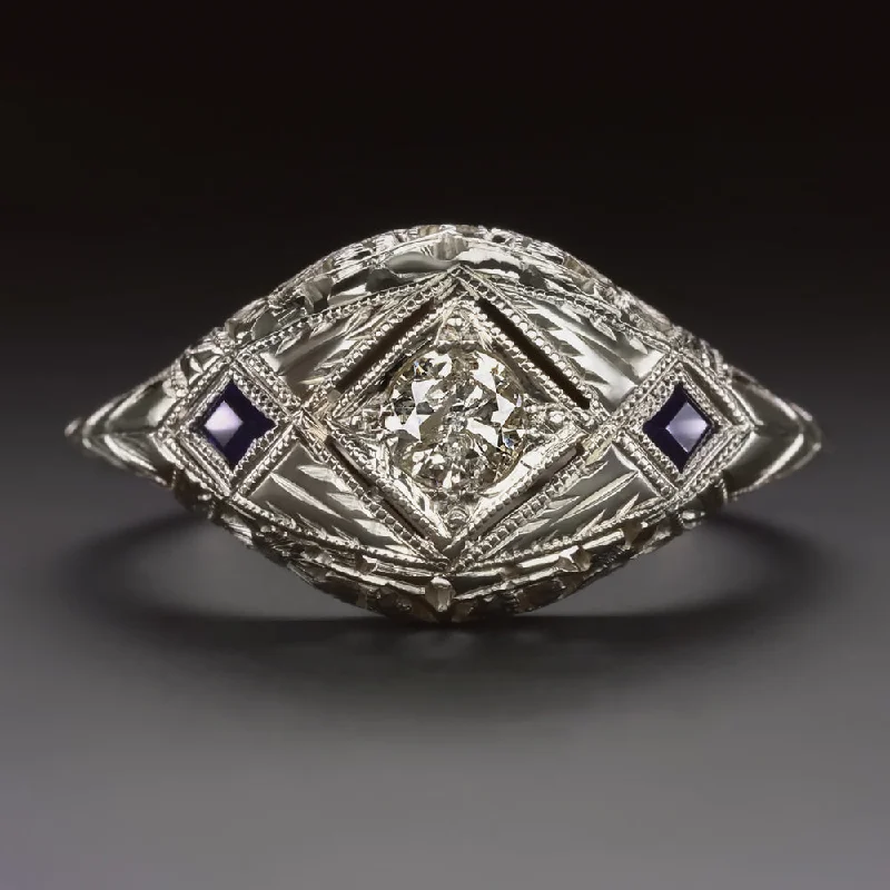 women’s gold promise rings -ART DECO DIAMOND SAPPHIRE RING 18k WHITE GOLD VINTAGE FLORAL DOME COCKTAIL 1920s