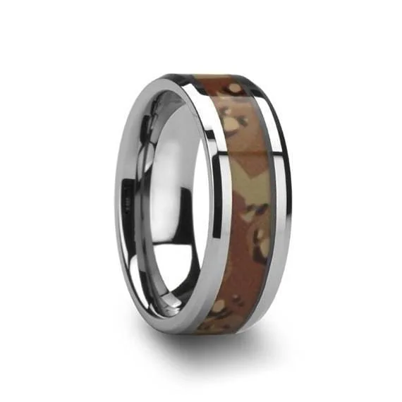 women’s adjustable gemstone rings -Military Camo Tungsten Wedding Ring Polished Finish Beveled Desert - 8mm