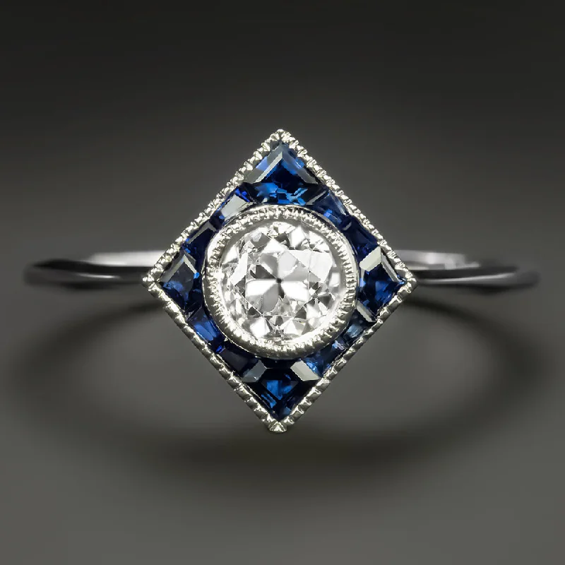 women’s promise rings -OLD EUROPEAN CUT DIAMOND SAPPHIRE RING VINTAGE STYLE ART DECO WHITE GOLD 0.40ct