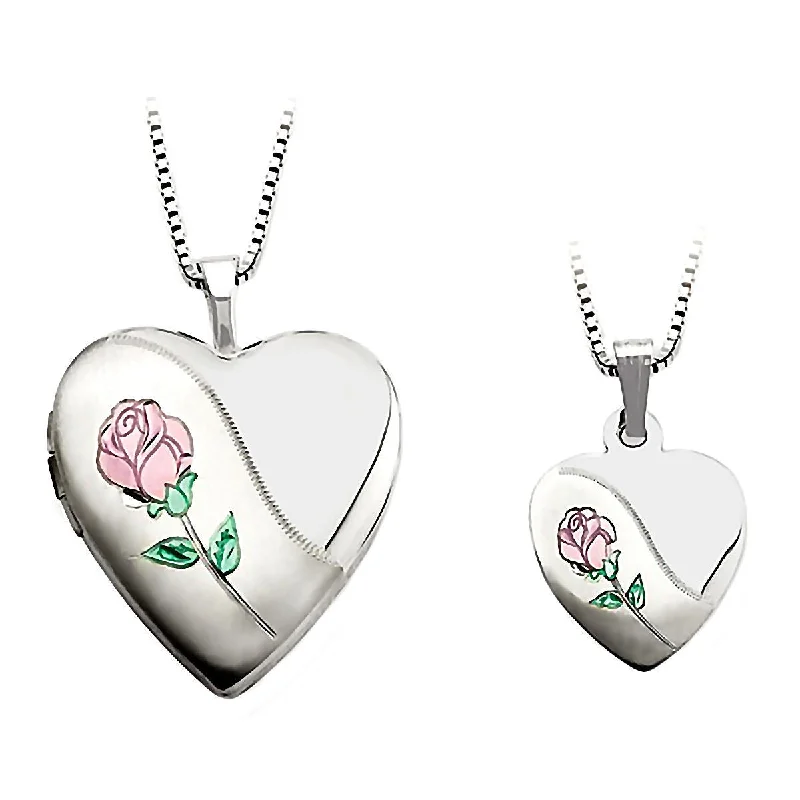 women’s charm necklaces -Rose Just Like Mommy 925 Silver Heart Locket and Pendant Necklace Set