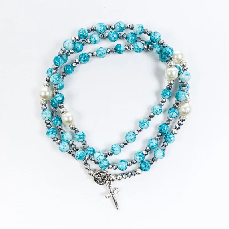 vintage-inspired bangles for women -Rosary Wrap Bracelet/Blue Hematite & Pearl