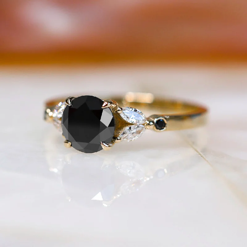 women’s elegant engagement rings -Corona Australis Floral  Natural Black & White Marquise Diamond Ring